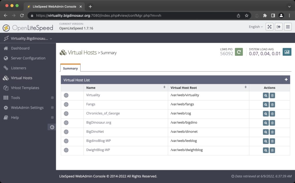 Screenshot of the OLS web admin console virtual host dashboard