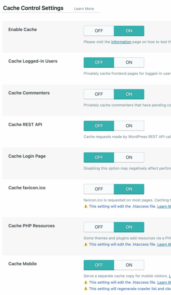 Screenshot of the "Cache" page in the Litespeed Cache Wordpress plugin.