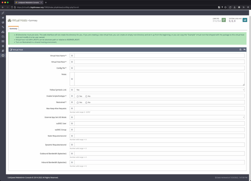 Screenshot showing the first setup screen when adding a virtual host