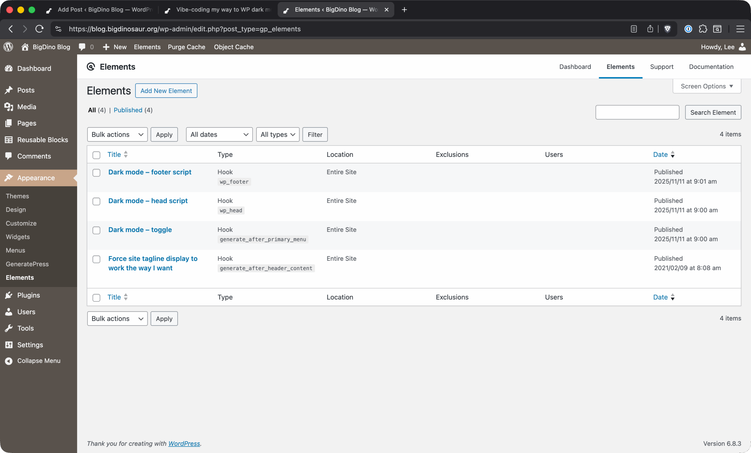 Screenshot of my Elements list in Wordpress.
