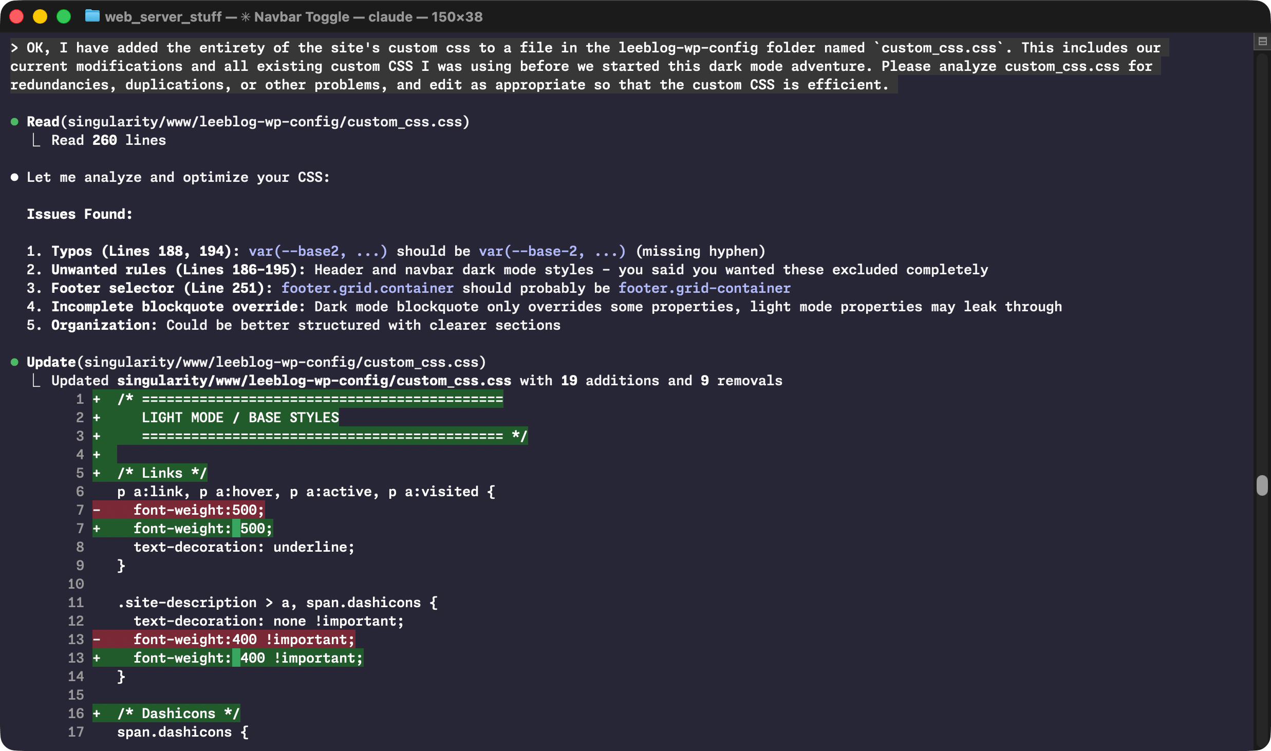 Screenshot of Claude Code in a terminal window trying to clean up some gross crufty CSS